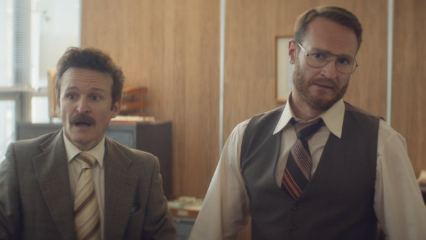 Damon Herriman (left) and Josh Lawson in The Eleven O'Clock, which is up for best live-action short at the Oscars.