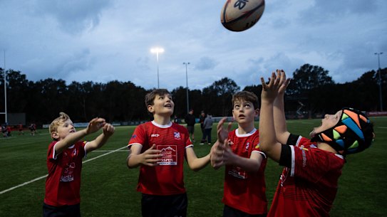 Easts Junior Beasties RUFC players Charlie Hourigan, Remy Scott, Felix Connor and Ceilim O’Kelly at training in Rose Bay.