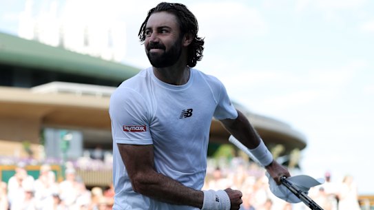 LONDON, ENGLAND - JULY 04: Jordan Thompson of Australia celebrates his victory against Luciano Darderi of Italy during the Gentlemen’s Singles third round match on day five of The Championships Wimbledon 2025 at All England Lawn Tennis and Croquet Club on July 04, 2025 in London, England. (Photo by Ezra Shaw/Getty Images)