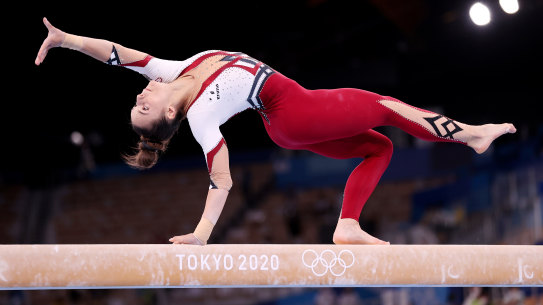 Germany’s Pauline Schaefer-Betz competes in gymnastics, in the full-length uniform they have chosen for the Olympic competition.