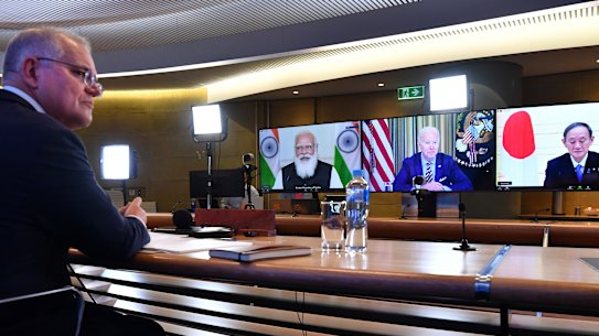 Prime Minister Scott Morrison participates in the inaugural Quad leaders meeting.