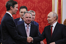 Russian President Vladimir Putin, right, greets US President Donald Trump’s envoys Jared Kushner, left, and Steve Witkoff, centre, at the Kremlin.
