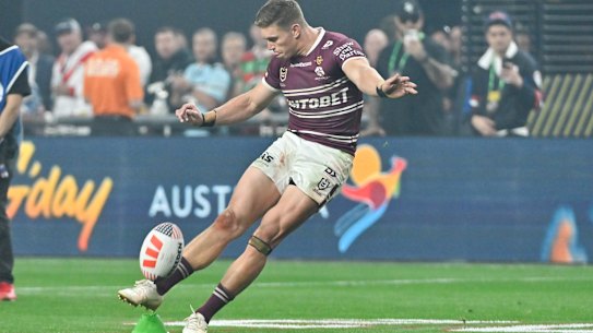 Manly star Reuben Garrick gets play under way.