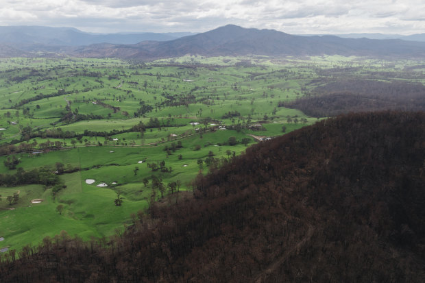 An aerial photo of bushfire affected areas, south of Bodalla, taken from an MRH90 Taipan helicopter.