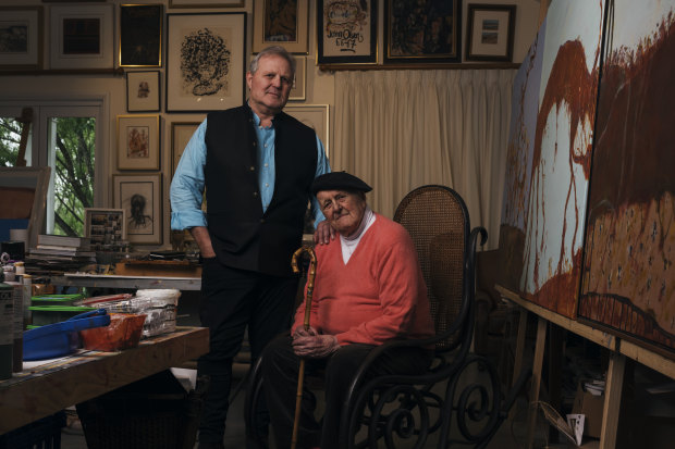 Sydney gallerist Tim Olsen and his father, artist John Olsen, at John’s home and studio in the NSW Southern Highlands in 2020.