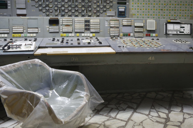 The empty control room of the shuttered Chernobyl nuclear power plant in Ukraine, now under control by Russian forces after a fierce battle in the radioactive exclusion zone.