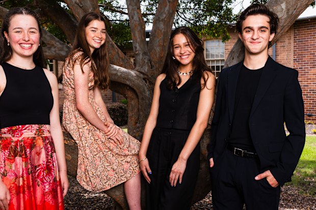 Gemma Stevenson (second from left) was First in Course in PDHPE in 2023. She is pictured with (from left) fellow First in Course students Annaliese Mustapic  of Kirrawee High for Dance; Kiana Levy of Turramurra High for Drama;  and Orlando Douglas-Giles also from Turramurra High for English Extension 2.