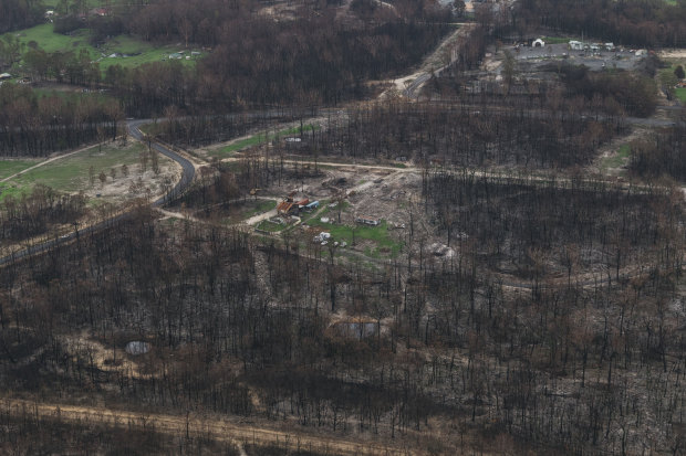 An aerial photo of bushfire affected areas south of Moruya taken from an MRH90 Taipan helcopter.