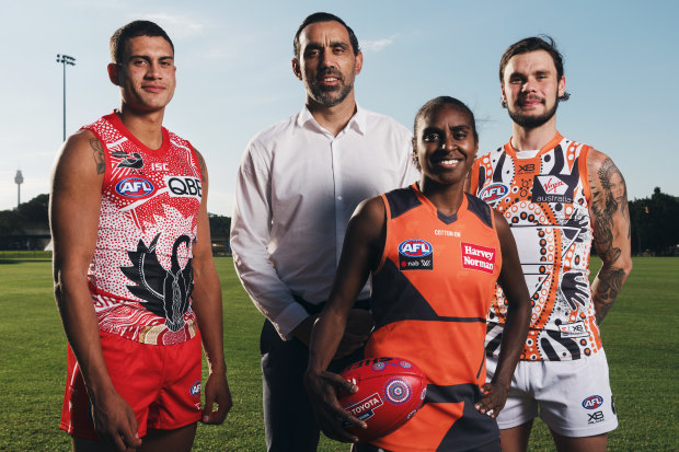 Over to you: Adam Goodes has passed the reins of the talent program that bears his name onto the next generation of Indigenous players - Sydney rookie James Bell, Giants AFLW player Delma Gisu and GWS Giants backman Zac Williams.