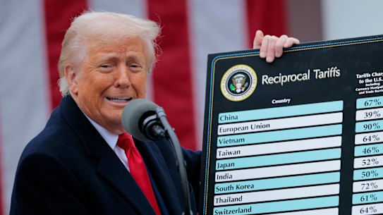 Donald Trump holds up his chart of “reciprocal tariffs” at the announcement event in Washington.
