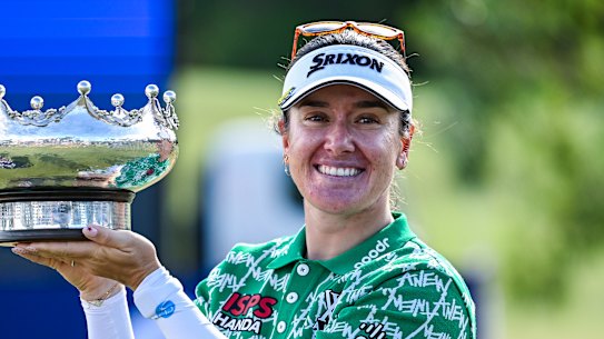 Womens Australian Open champion Hannah Green of Australia holds the Patricia Bridges Bowl  during day four of the 2026 Women’s Australian Open at Kooyonga Golf Club.