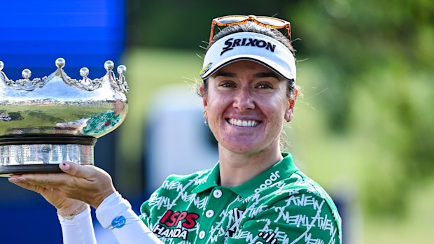 Womens Australian Open champion Hannah Green of Australia holds the Patricia Bridges Bowl  during day four of the 2026 Women’s Australian Open at Kooyonga Golf Club.