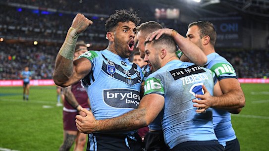 James Tedesco celebrates with Josh Addo-Carr.