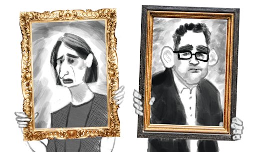 Gladys Berejiklian and Dan Andrews hold portraits of themselves. 