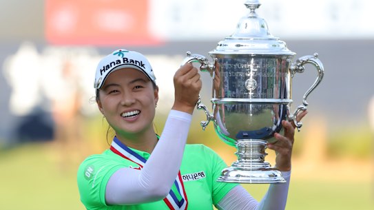 SOUTHERN PINES, NORTH CAROLINA - JUNE 05: Minjee Lee of Australia poses with the trophy after winning the 77th U.S. Women’s Open at Pine Needles Lodge and Golf Club on June 05, 2022 in Southern Pines, North Carolina. (Photo by Kevin C. Cox/Getty Images)