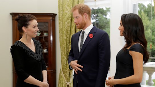 Harry and Meghan meet with Jacinda Ardern during their 2018 tour. 