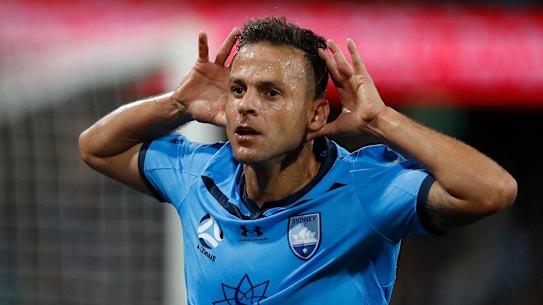 Bobo celebrates the winner for Sydney FC in the derby. 