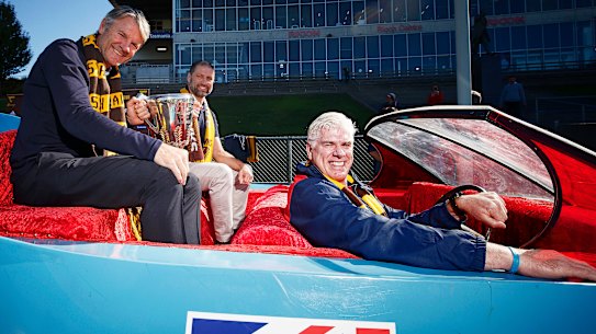 Hawthorn greats Gary Ayres (R), Darrin Pritchard (C), and Andrew Gowers (L).