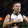 Nick Watson celebrates a goal during the Hawks’ clash with the Saints in round 12.