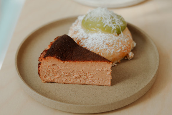 Thai milk tea basque cheesecake and pandan brioche bun.