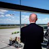 The inaugural flight at the brand new Western Sydney International Airport takes off as dignitaries watch on.