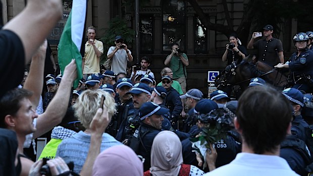 NSW Police clashed with demonstrators during a chaotic protest at Town Hall in February.