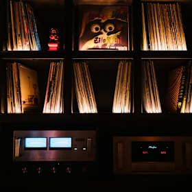 A vintage JBL sound system and a large vinyl collection are major features of the new bar.