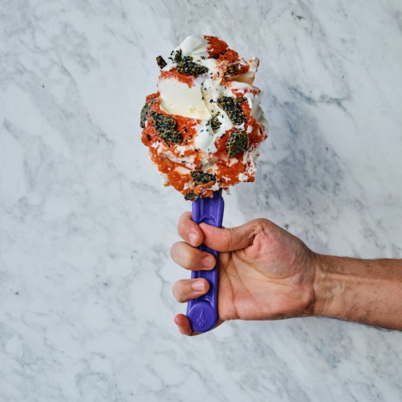 Pidapipo’s ricotta, quince and black sesame scoop.