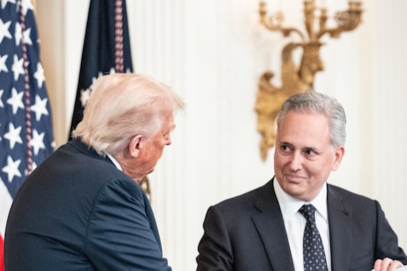 US president Donald Trump and David Sacks in July. Sacks has 708 tech investments, including at least 449 stakes in companies with ties to artificial intelligence that could be aided directly or indirectly by his policies.