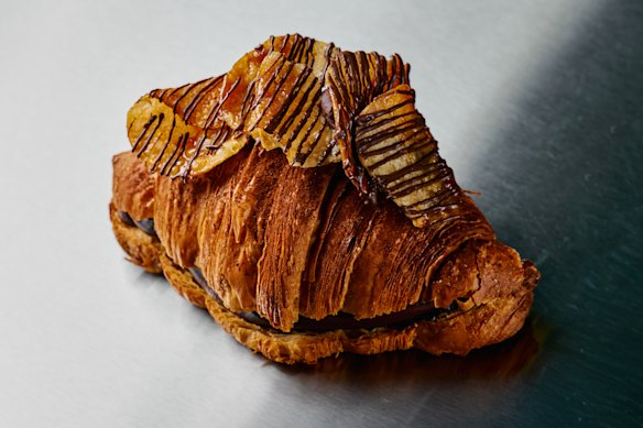 The opening special is a twice-baked croissant filled with “choc chip” frangipane and topped with Chappy’s chips.