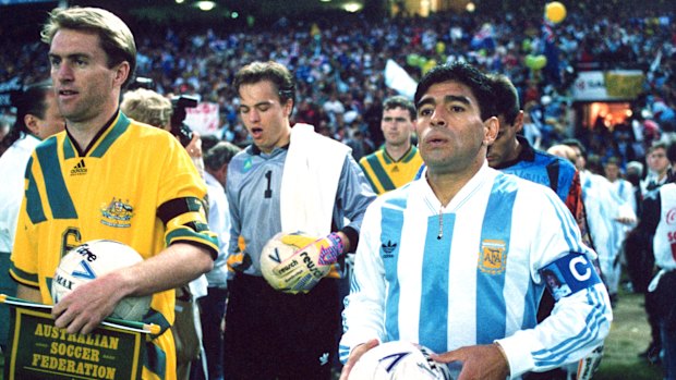 Diego Maradona (right) and Socceroos captain Paul Wade walk onto the Sydney Football Stadium for the first leg of a World Cup qualifying tie in 1993.