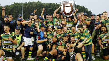 Gordon players with the Shute Shield after their 28-8 victory over Eastwood.