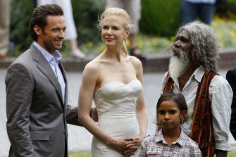 Actors, from left, Hugh Jackman, Nicole Kidman, Brandon Walters and David Gulpilil pose for photos following press conference for Australia in 2008.