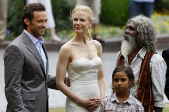 Actors, from left, Hugh Jackman, Nicole Kidman, Brandon Walters and David Dalaithngu pose for photos following press conference for Australia in 2008.