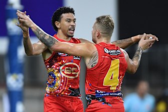 Malcom Rosas celebrates a goal in his side’s win over Hawthorn.