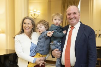 Barnaby Joyce with Vikki Campion and their two sons at his swearing-in this week.