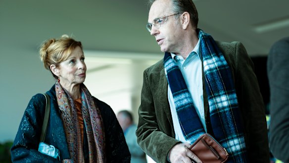 Long-time friends Heather Mitchell and Hugo Weaving play lovers Glen and Anita in the Binge series Love Me. 