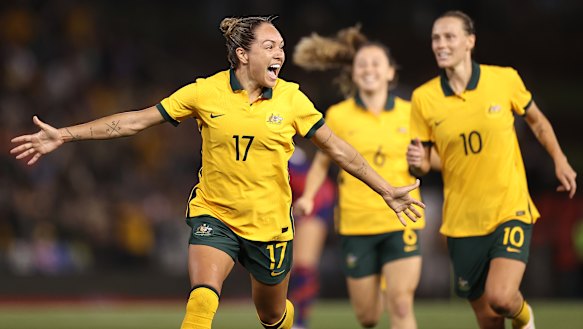 Kyah Simon celebrates her late equaliser. 