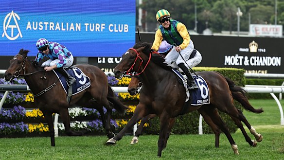 Chad Schofield celebrates winning the King Charles III Stakes at Randwick on Ceolwulf.