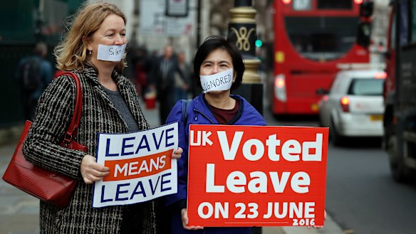 Pro-Brexit demonstrators outside the Houses of Parliament in London.