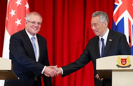PM Scott Morrison with his Singaporean counterpart Lee Hsien Loong in Singapore in 2019.