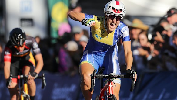 Rebecca Wiasak winning the criterium at the road national championships in Ballarat last year. 