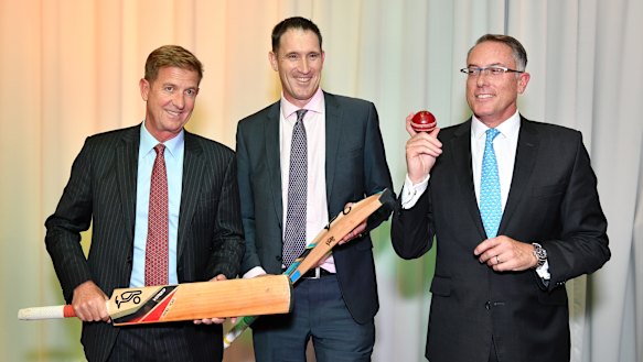 Seven West Media CEO Tim Worner, Cricket Australia CEO James Sutherland and Sports CEO Patrick Delaney at their mega-broadcast deal announcement.