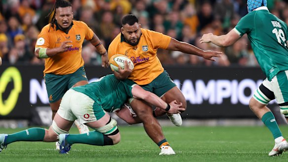 Taniela Tupou takes on the Irish defence at Allianz Stadium last Saturday night.