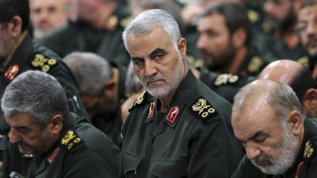 Revolutionary Guard General  Qassem Soleimani, centre, attends a meeting with Supreme Leader Ayatollah Ali Khamenei and Revolutionary Guard commanders in Tehran, Iran.