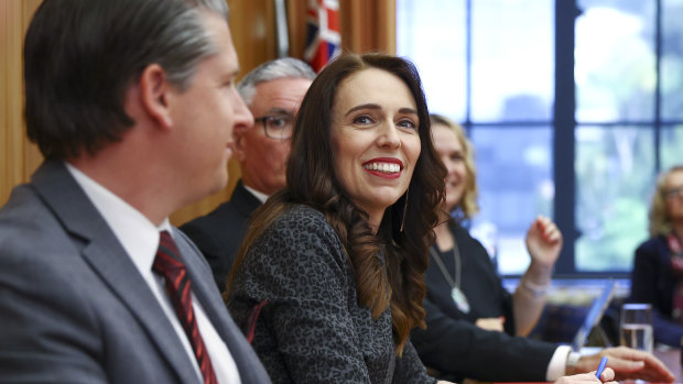 Jacinda Ardern speaks to her MPs at Parliament in Wellington.