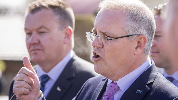 Prime Minister Scott Morrison faces the media at Leawarra Railway station in Frankston, Melbourne, on Friday.