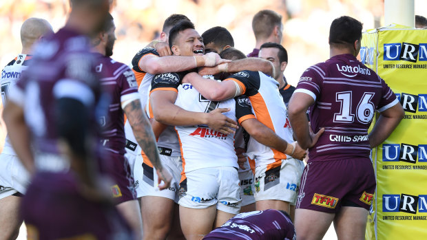 Clipped wings: Wests Tigers took it to the Sea Eagles at Brookvale last week.