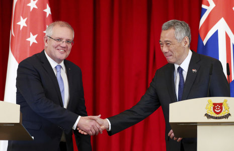 PM Scott Morrison with his Singaporean counterpart Lee Hsien Loong in Singapore in 2019.