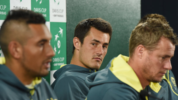 Nick Kyrgios, left, Bernard Tomic and Lleyton Hewitt in 2016.